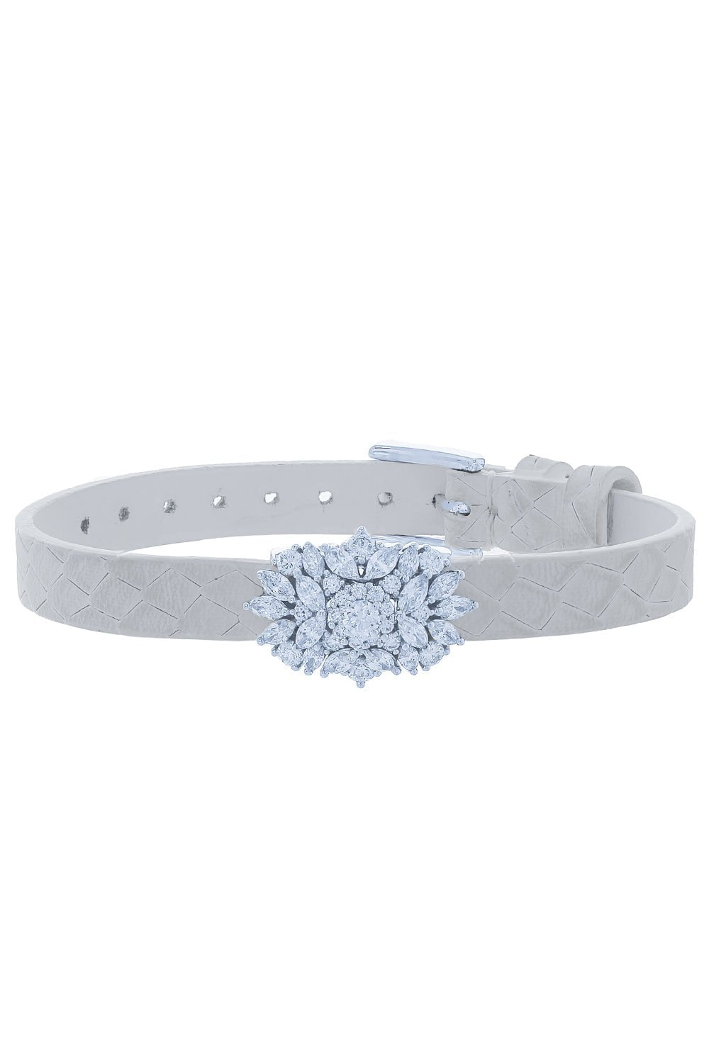 YEPREM JEWELLERY-Diamond Stamped Leather Wrap Bracelet-WHITE GOLD