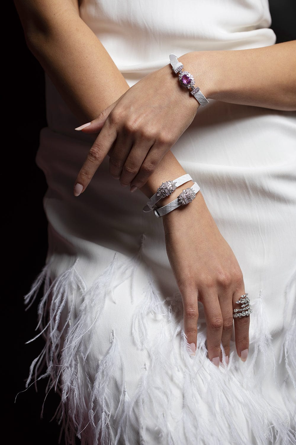 YEPREM JEWELLERY-Diamond White Leather Wrap Bracelet-WHITE GOLD