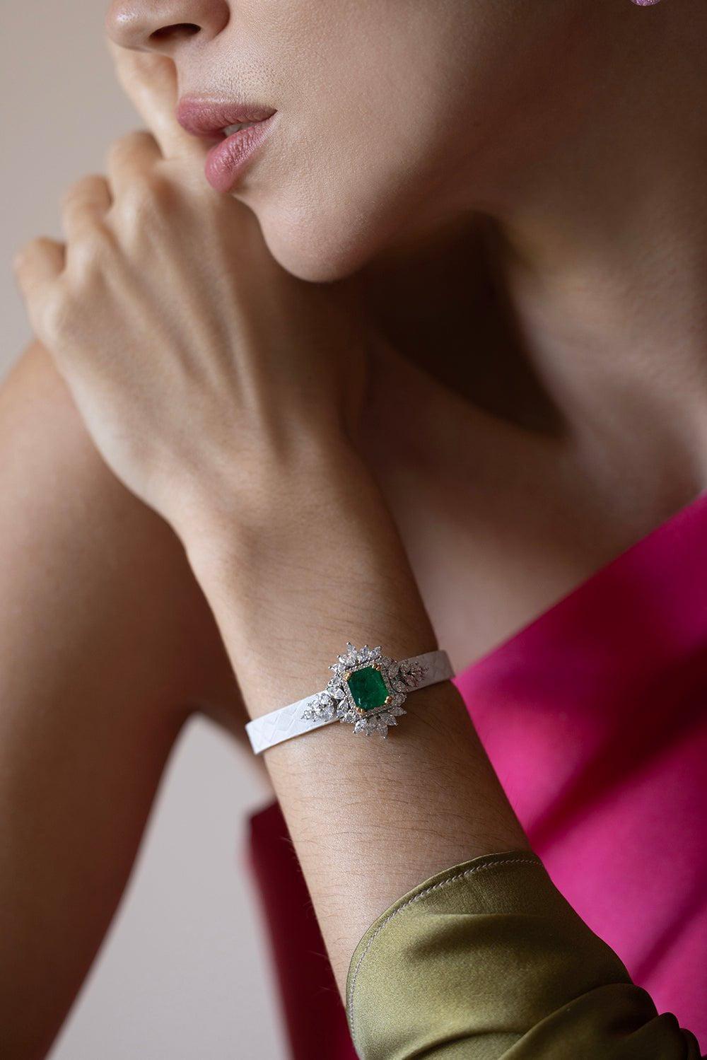 YEPREM JEWELLERY-Emerald and Diamond Stamped Leather Bracelet-WHITE GOLD