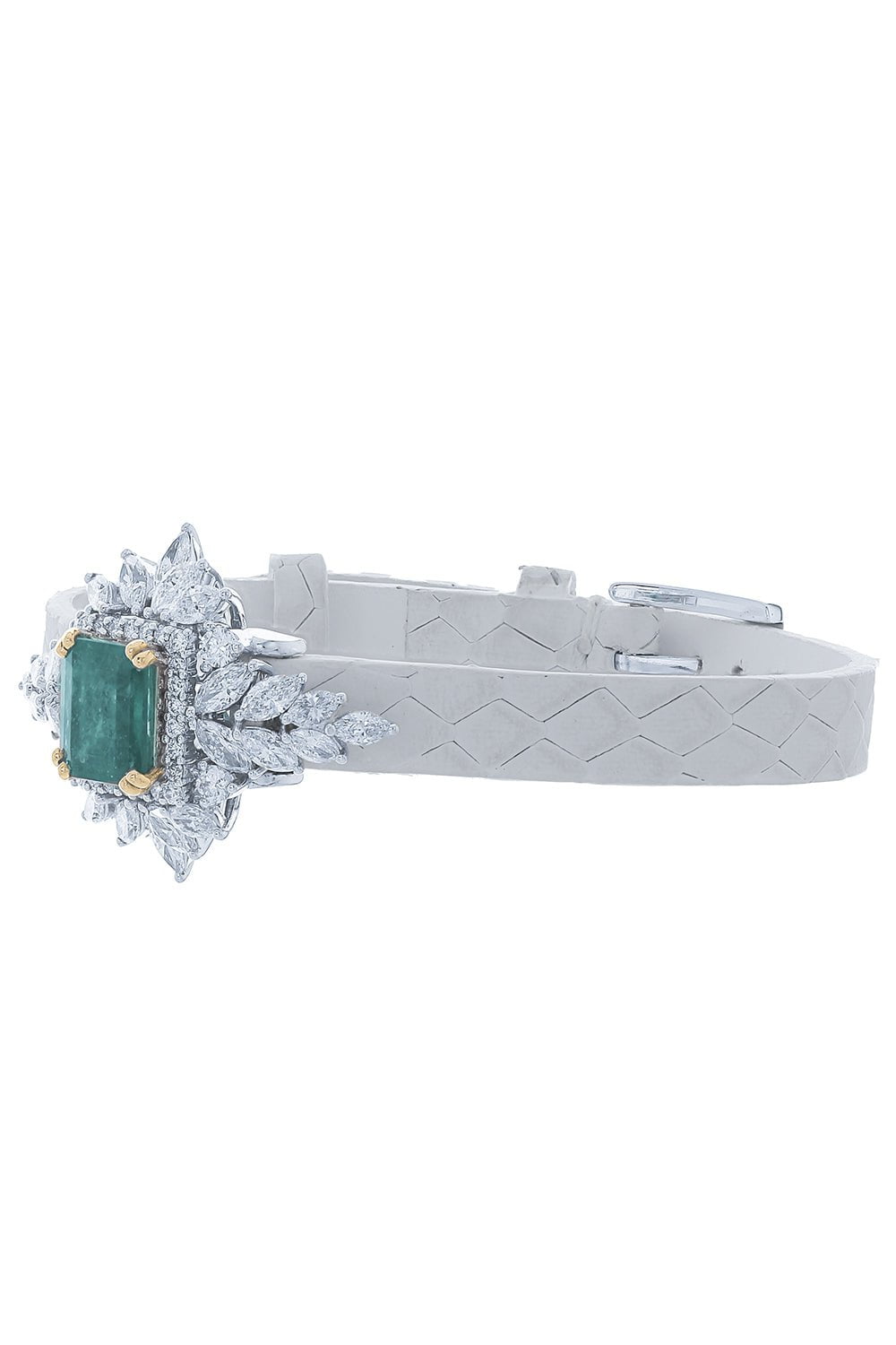 YEPREM JEWELLERY-Emerald and Diamond Stamped Leather Bracelet-WHITE GOLD