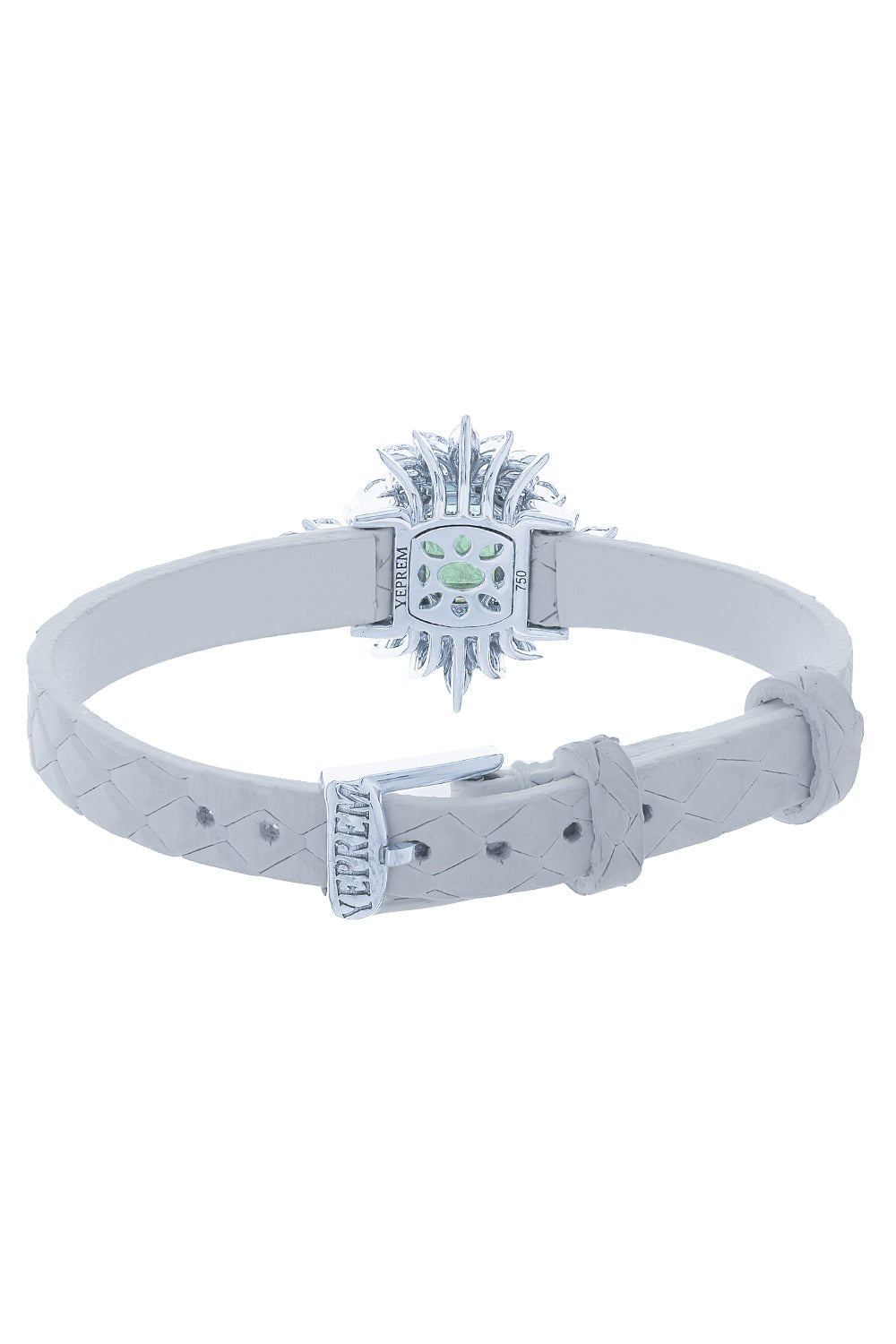 YEPREM JEWELLERY-Emerald and Diamond Stamped Leather Bracelet-WHITE GOLD