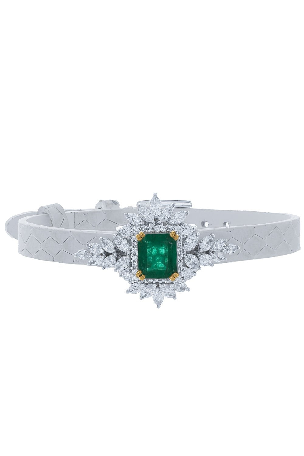 YEPREM JEWELLERY-Emerald and Diamond Stamped Leather Bracelet-WHITE GOLD