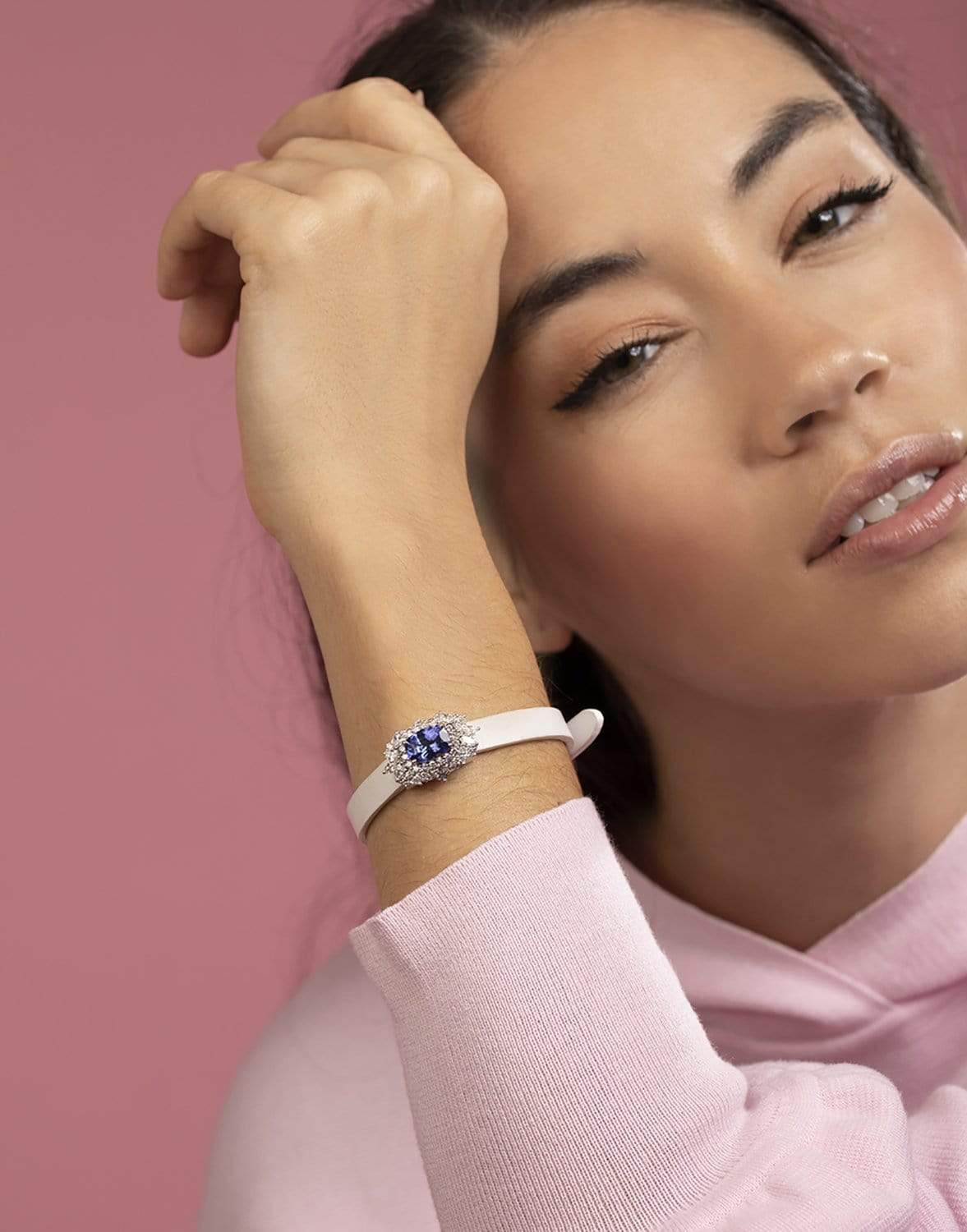 YEPREM JEWELLERY-Tanzanite and Diamond White Leather Bracelet-WHITE GOLD