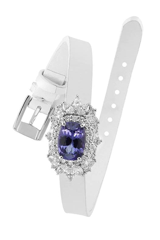 YEPREM JEWELLERY-Tanzanite and Diamond White Leather Bracelet-WHITE GOLD