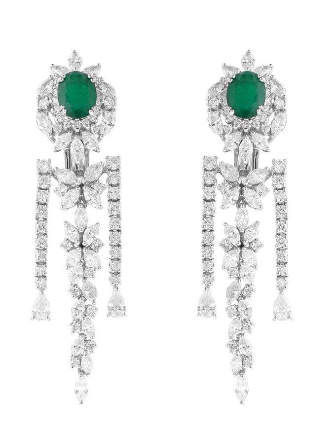 YEPREM JEWELLERY-Emerald and Marquise Diamond Earrings-WHITE GOLD