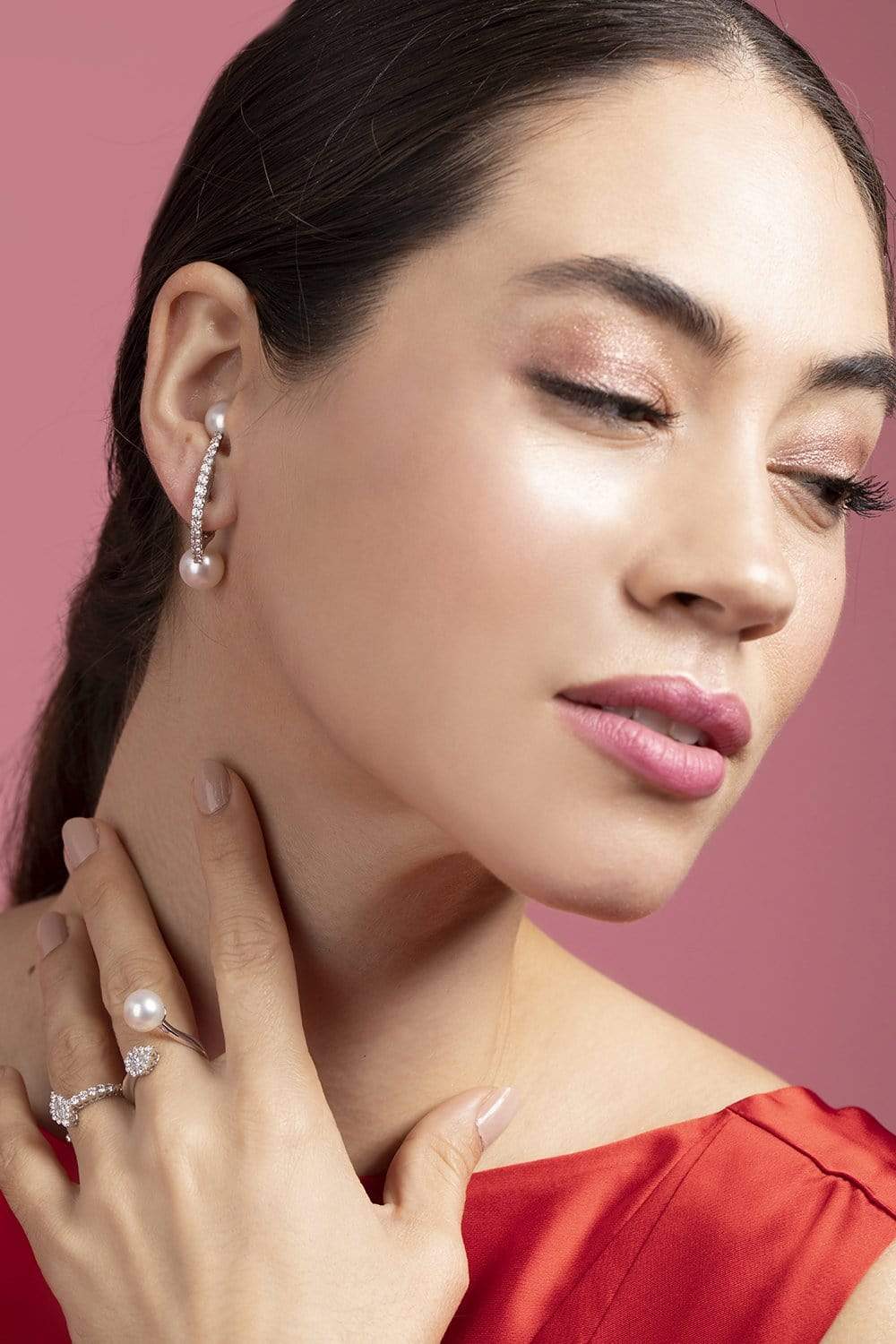 YEPREM JEWELLERY-Pearl and Diamond Bar Earrings-WHITE GOLD