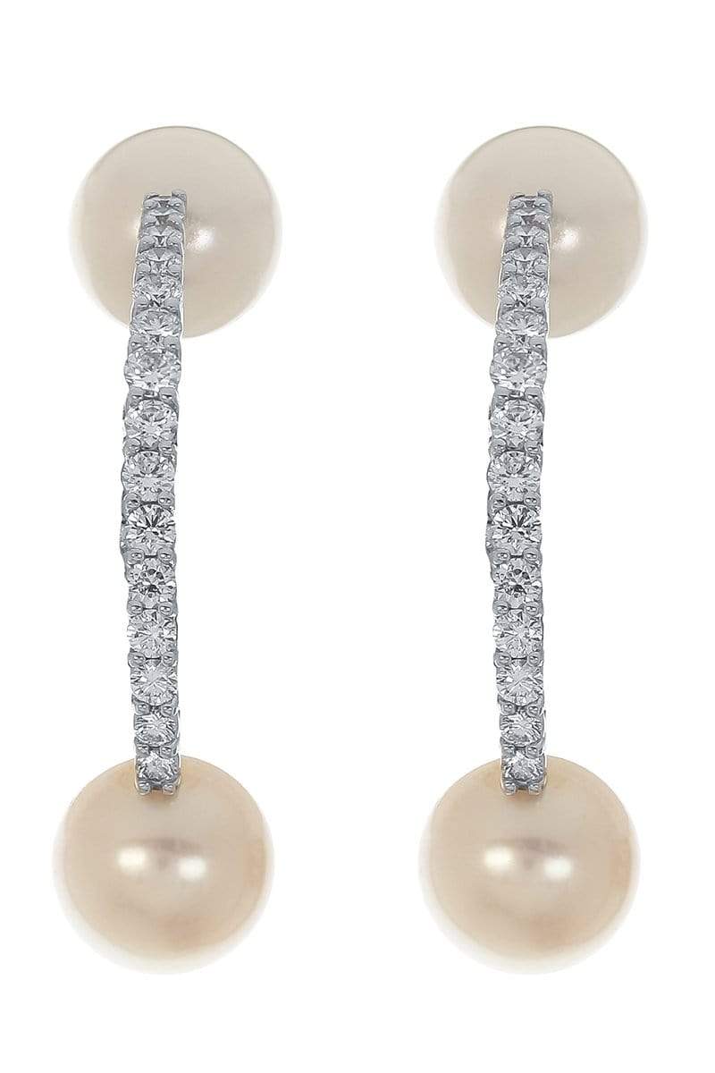 YEPREM JEWELLERY-Pearl and Diamond Bar Earrings-WHITE GOLD