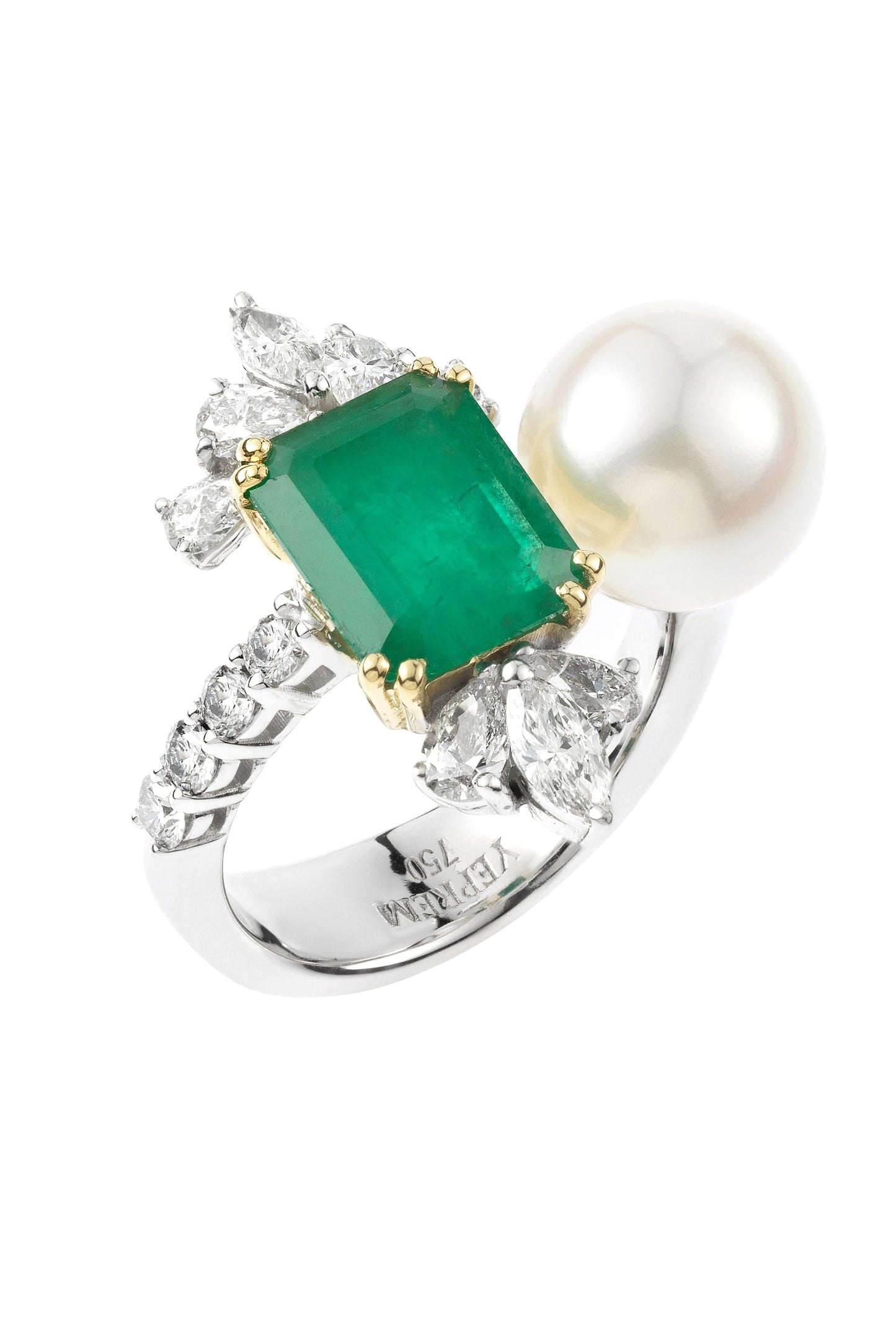 YEPREM JEWELLERY-Emerald Pearl and Diamond Ring-WHITE GOLD