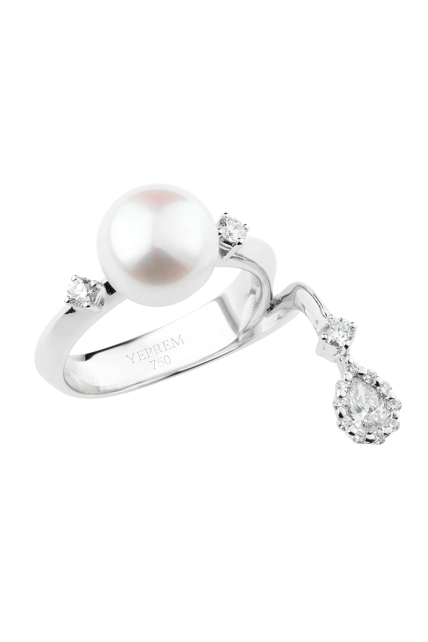 YEPREM JEWELLERY-Pearl and Diamond Drop Ring-WHITE GOLD