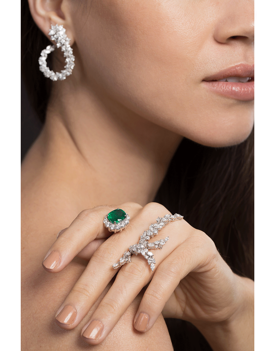 YEPREM JEWELLERY-Diamond and Emerald Two Finger Ring-WHITE GOLD