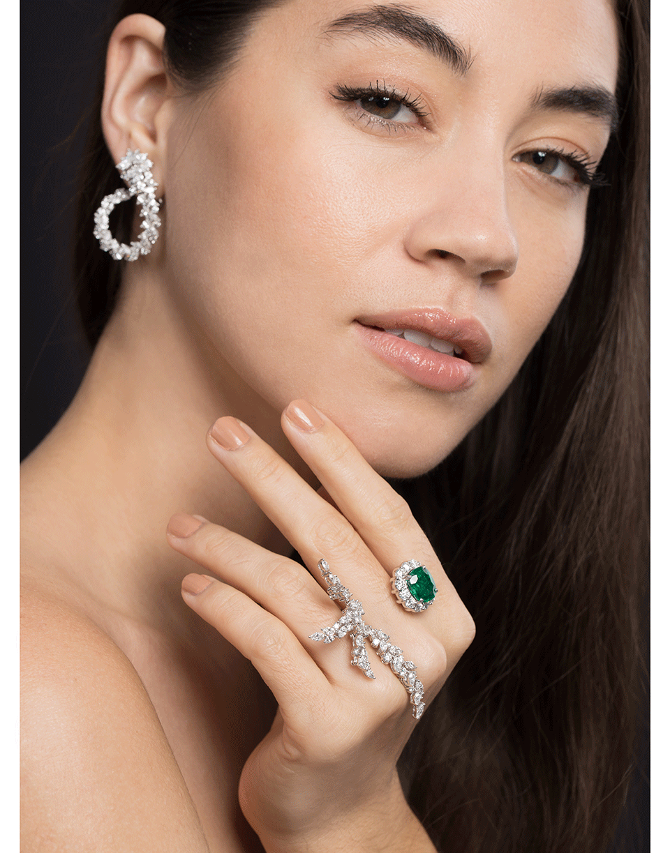 YEPREM JEWELLERY-Diamond and Emerald Two Finger Ring-WHITE GOLD