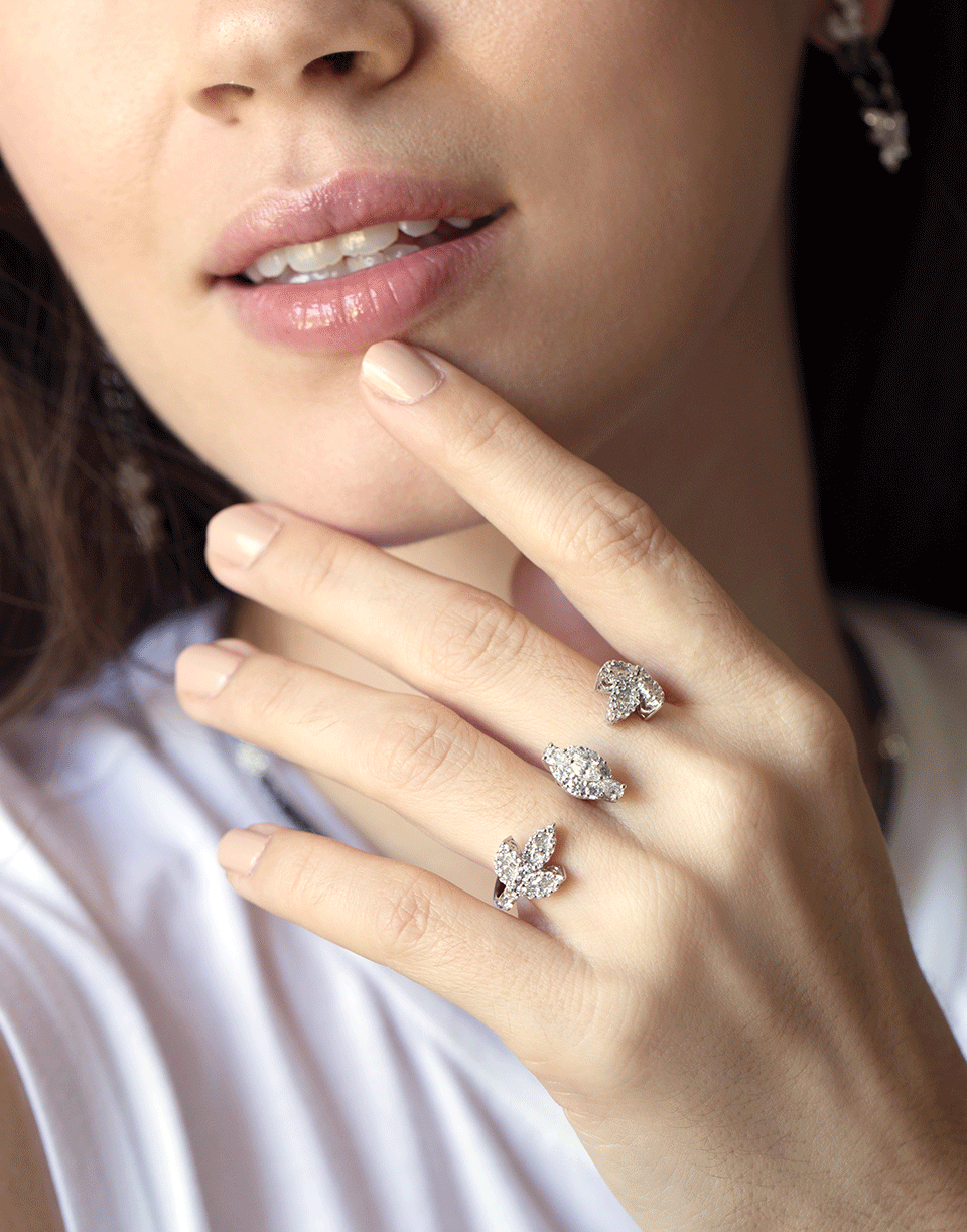 YEPREM JEWELLERY-Round, Marquise, and Pear Diamond Double Finger Ring-WHITE GOLD