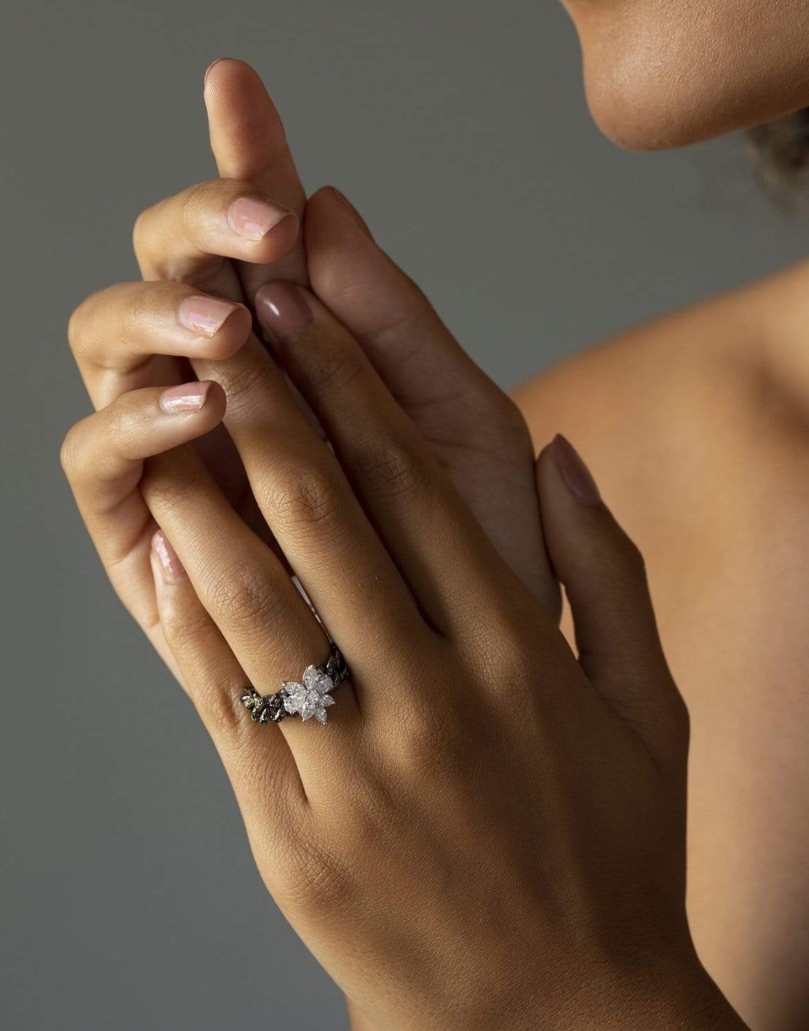 YEPREM JEWELLERY-Diamond Flower and Chain Ring-WHITE GOLD