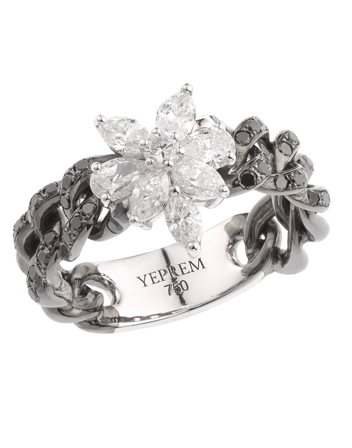 YEPREM JEWELLERY-Diamond Flower and Chain Ring-WHITE GOLD