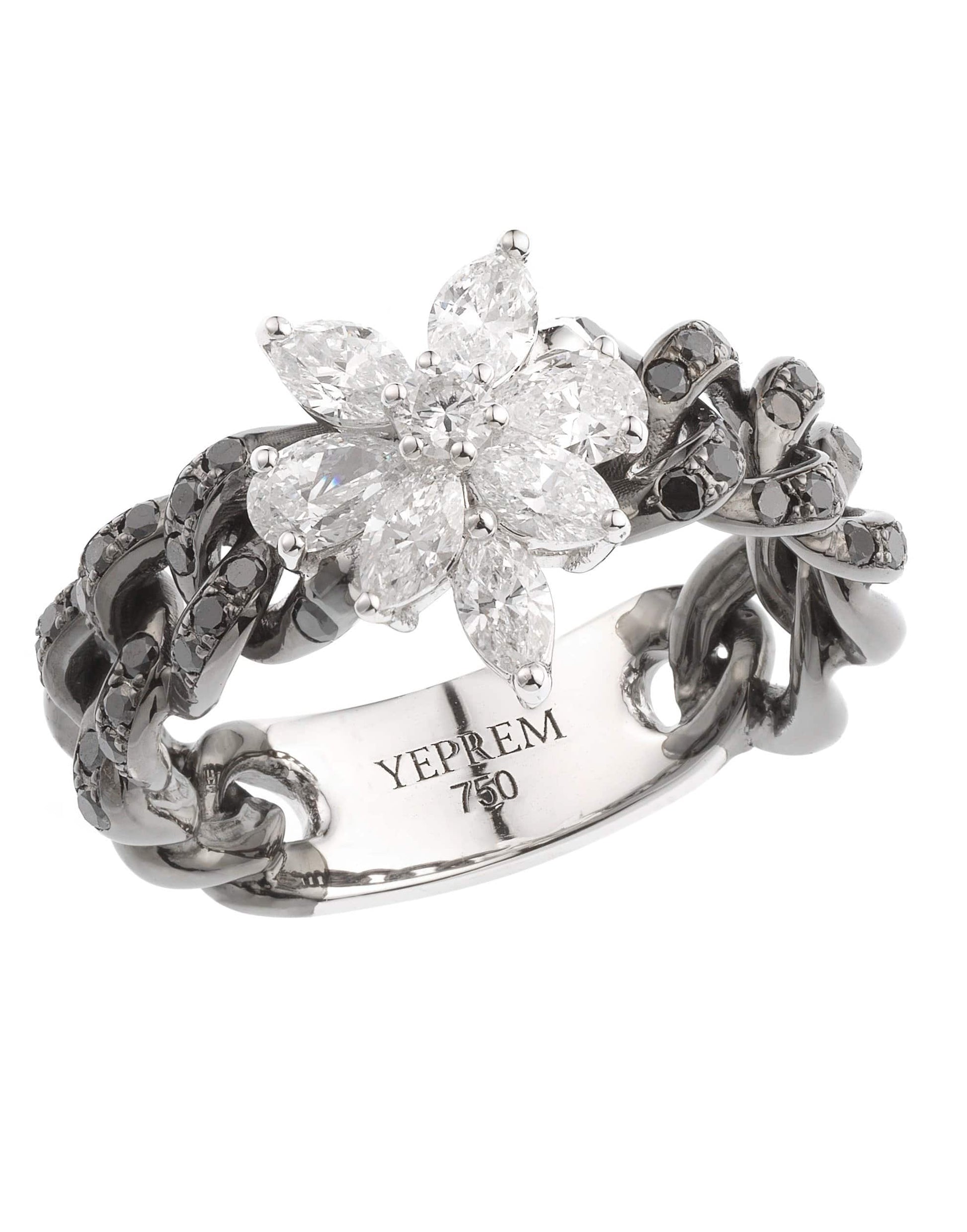 YEPREM JEWELLERY-Diamond Flower and Chain Ring-WHITE GOLD