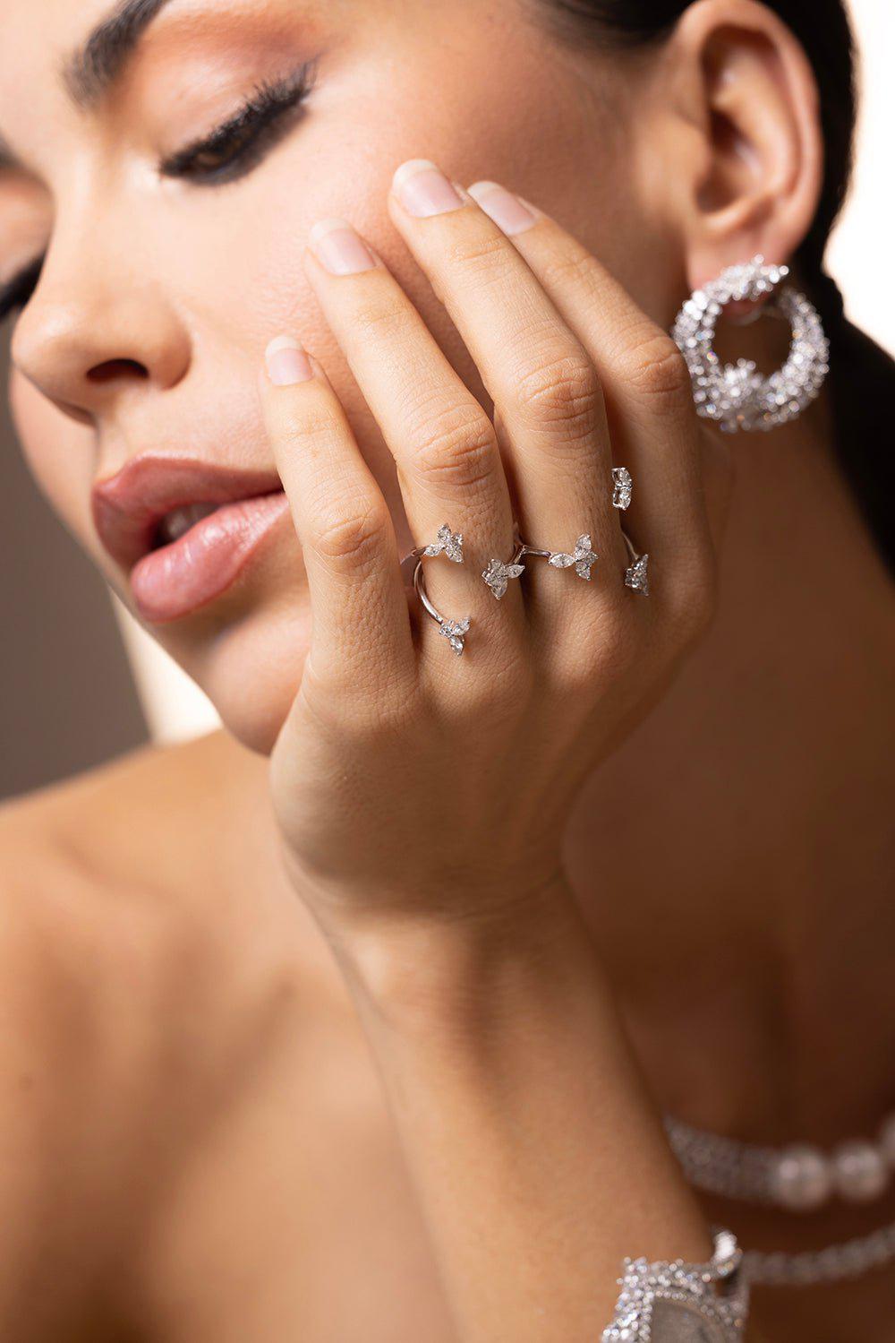YEPREM JEWELLERY-Open Diamond Two Finger Ring-WHITE GOLD
