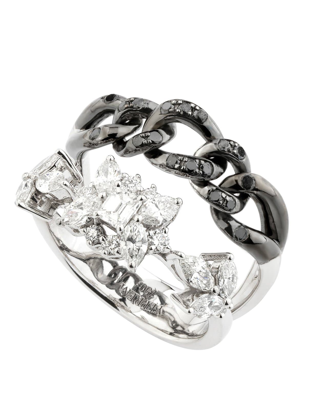 YEPREM JEWELLERY-White and Black Diamond Chain Ring-WHITE GOLD