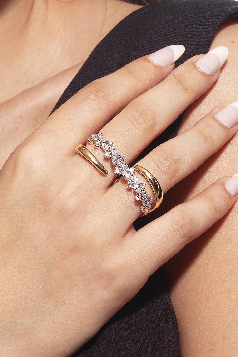 Golden Strada Double Finger Statement Ring-YELLOW GOLD-6.75-JEWELRYFINE JEWELRING-YEPREM JEWELLERY