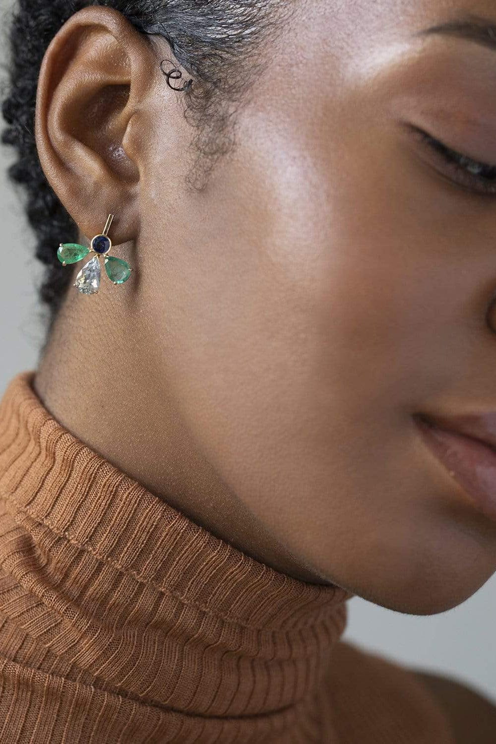 YI COLLECTION-Emerald, Aquamarine & Blue Sapphire Fauna Earrings-YELLOW GOLD