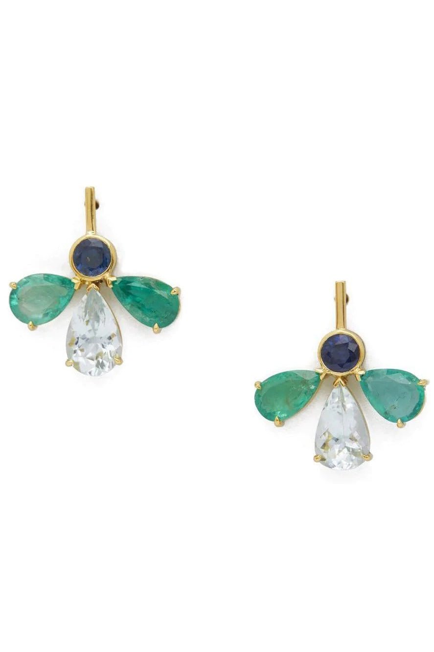 YI COLLECTION-Emerald, Aquamarine & Blue Sapphire Fauna Earrings-YELLOW GOLD