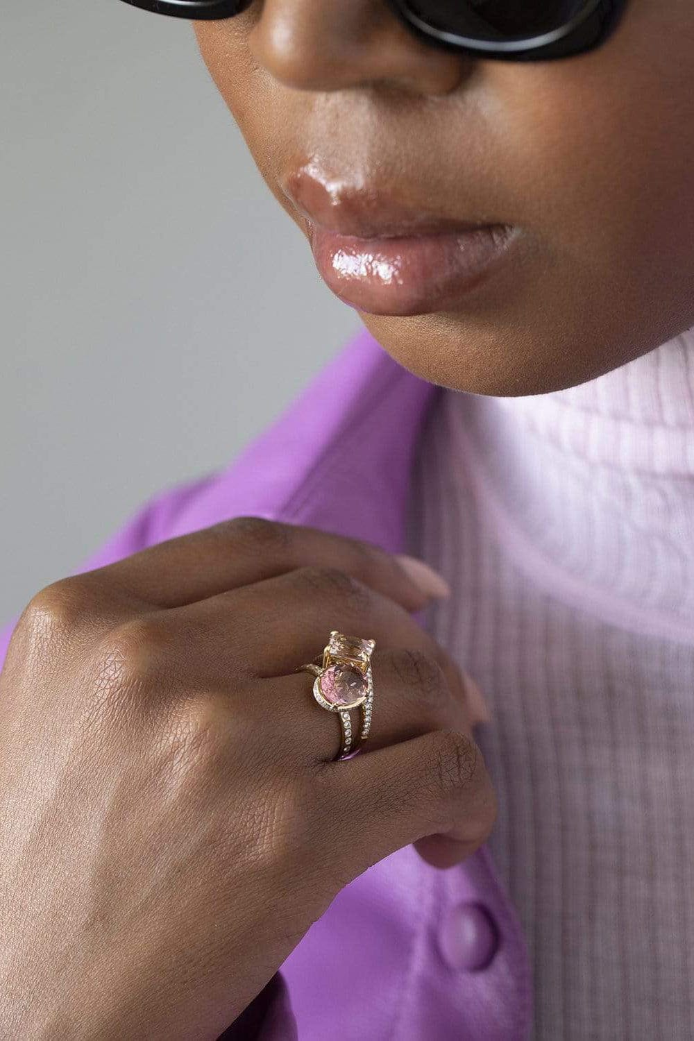 YI COLLECTION-Pink Tourmaline Diamond Halo Ring-YELLOW GOLD