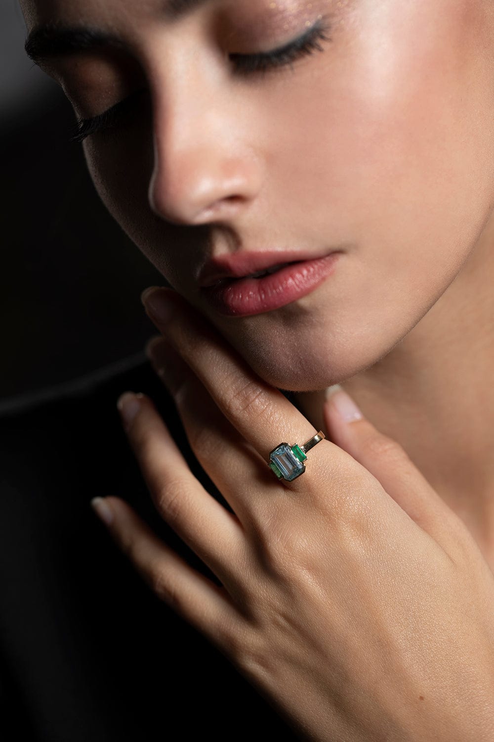 YI COLLECTION-Aquamarine and Emerald Tonal Deco Ring-YELLOW GOLD