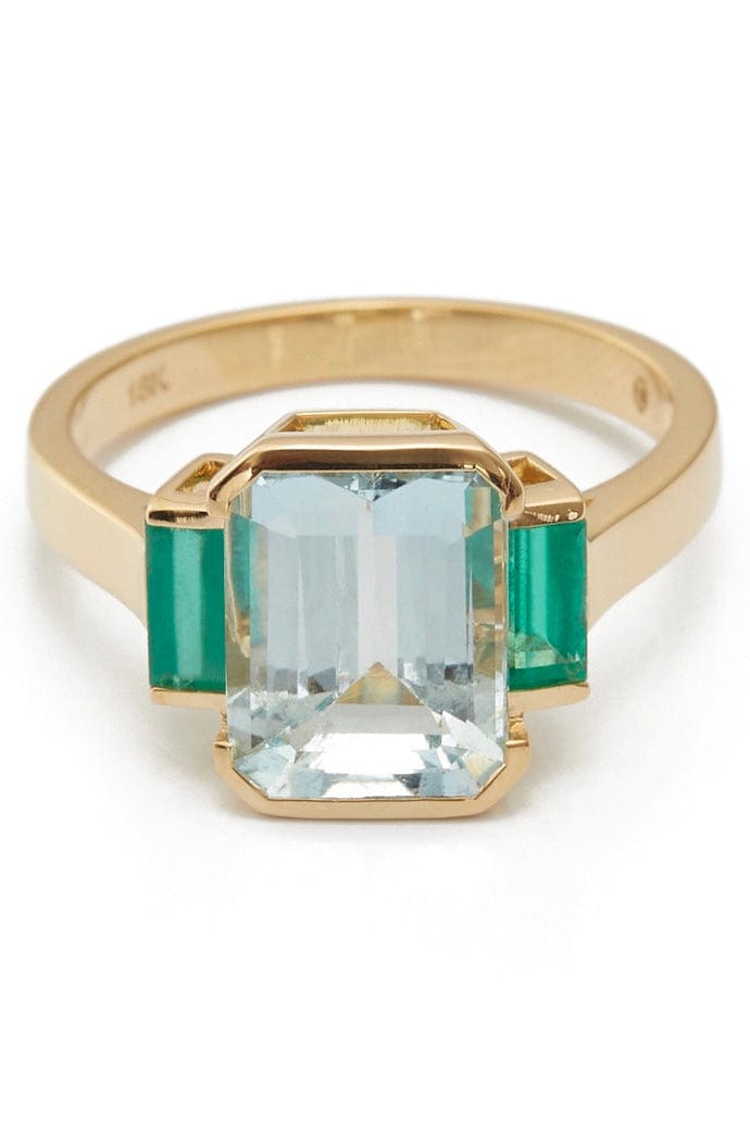 YI COLLECTION-Aquamarine and Emerald Tonal Deco Ring-YELLOW GOLD