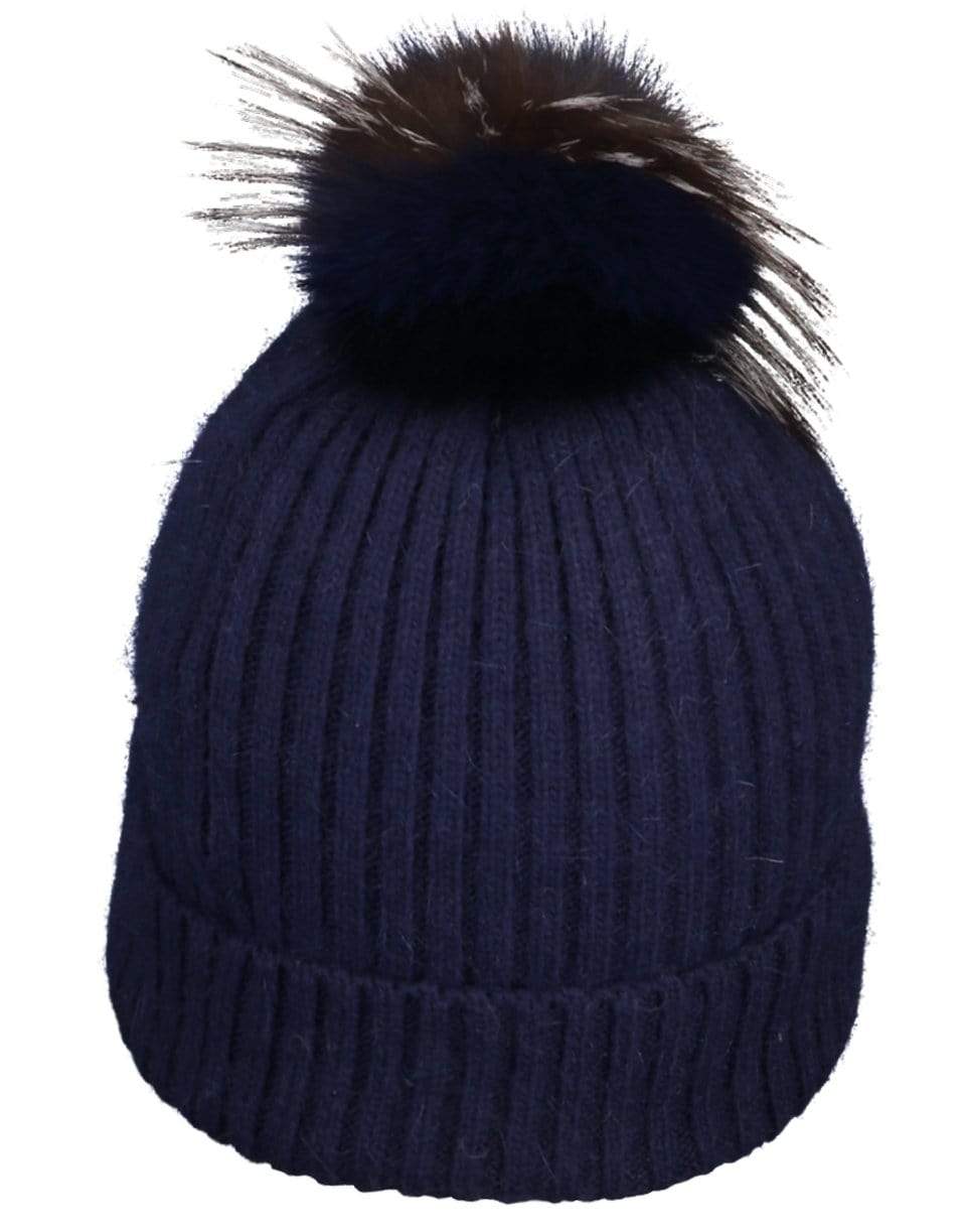 YVES SALOMON-Fox Pompom Knit Hat - Bleu Marine-BLEU