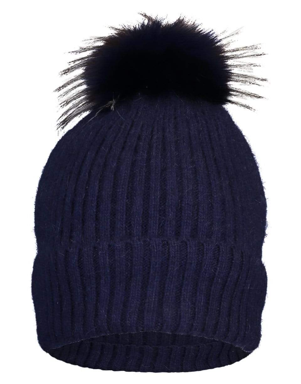 YVES SALOMON-Fox Pompom Knit Hat - Bleu Marine-BLEU