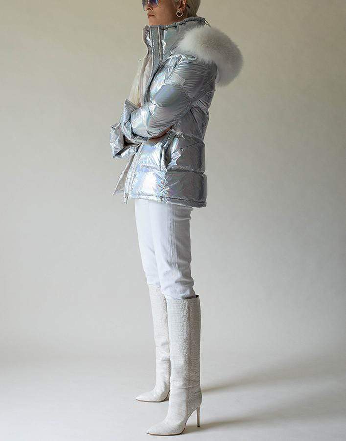 YVES SALOMON-Fur Trim Holographic Jacket-