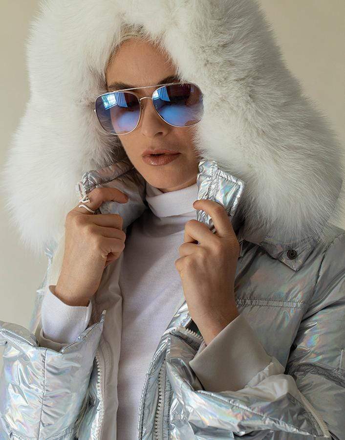 YVES SALOMON-Fur Trim Holographic Jacket-