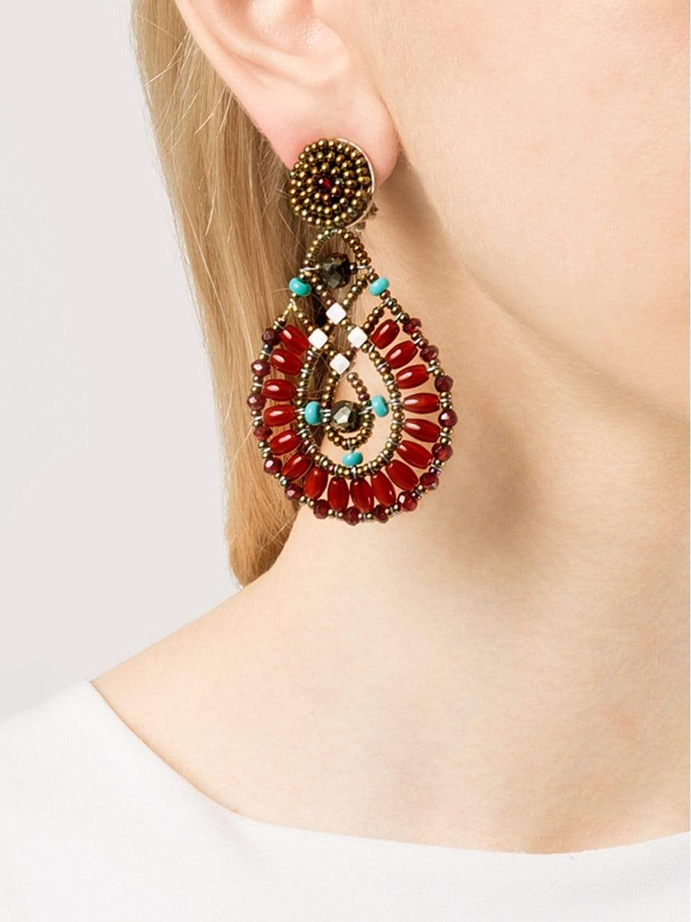 ZIIO-Oval Multi-Bead Drop Clip Earrings-RED