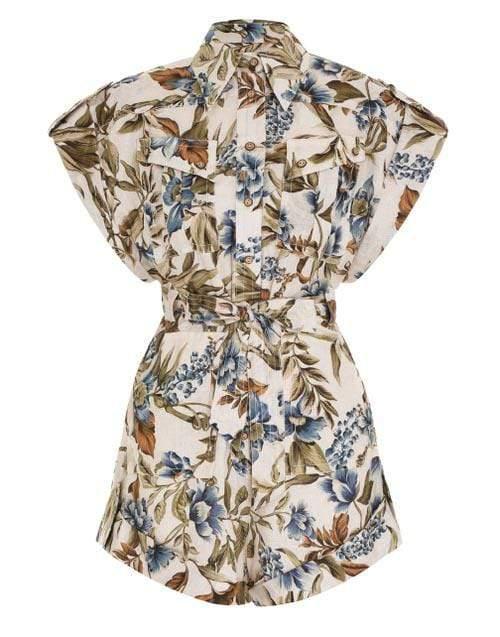 ZIMMERMANN-Khaki Floral Aliane Roll Cuff Playsuit-