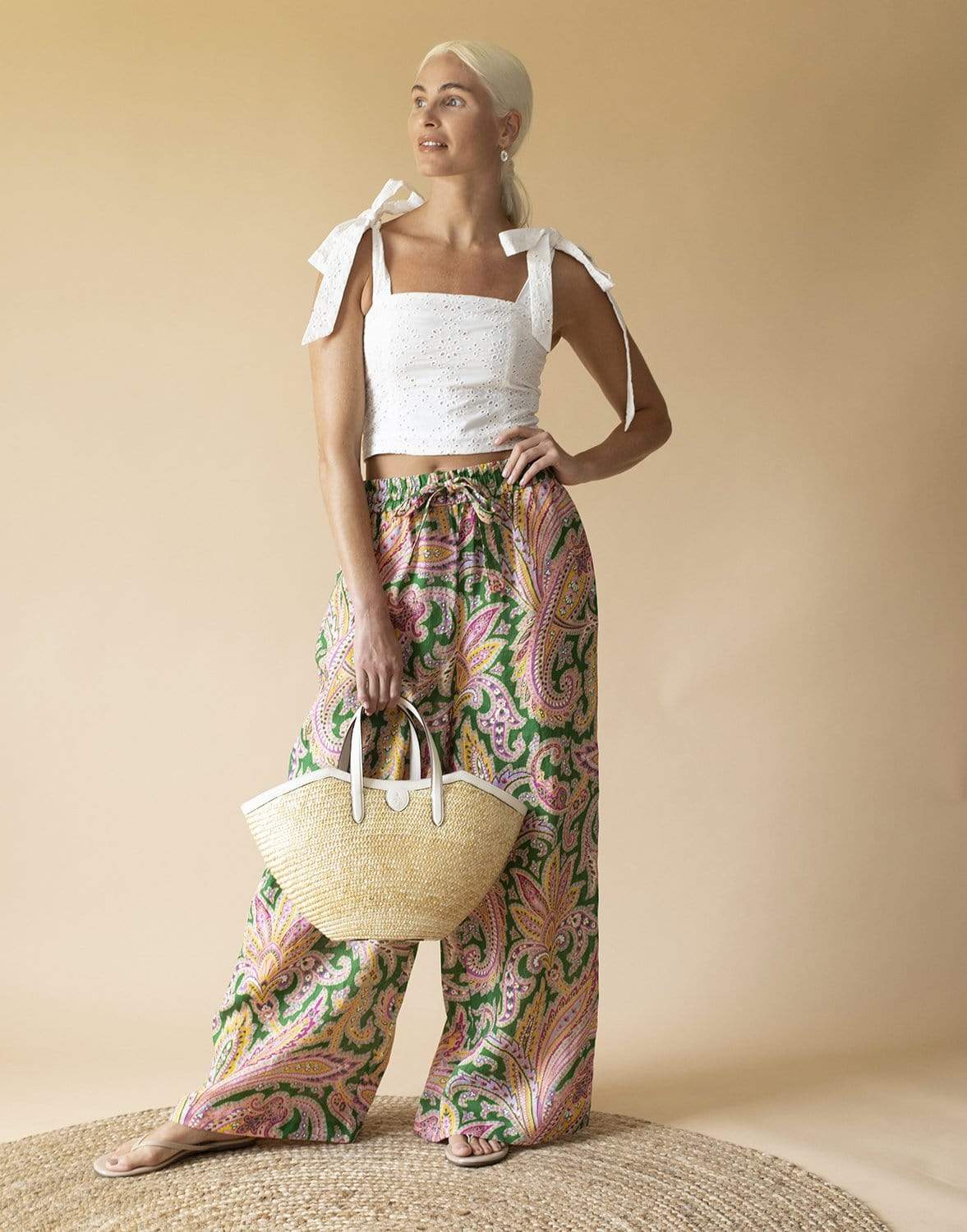 ZIMMERMANN-Green Paisley Teddy Draw Waist Pant-