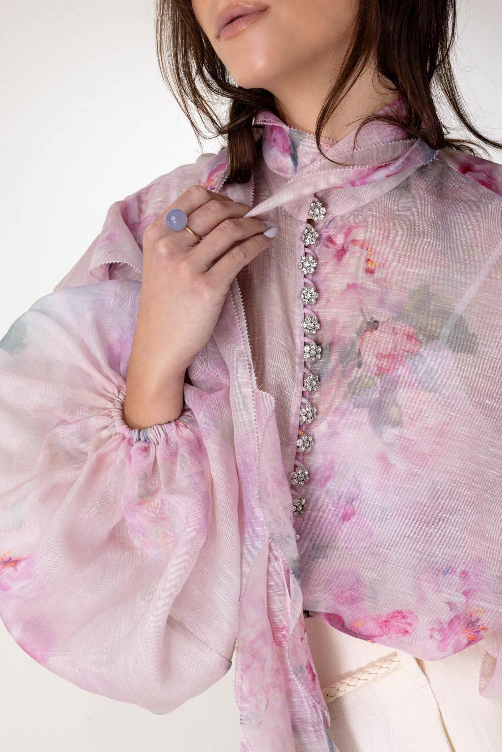 Crush Tie Neck Ruffle Blouse-PNKFLRL-0P-CLOTHINGTOPBLOUSE-ZIMMERMANN