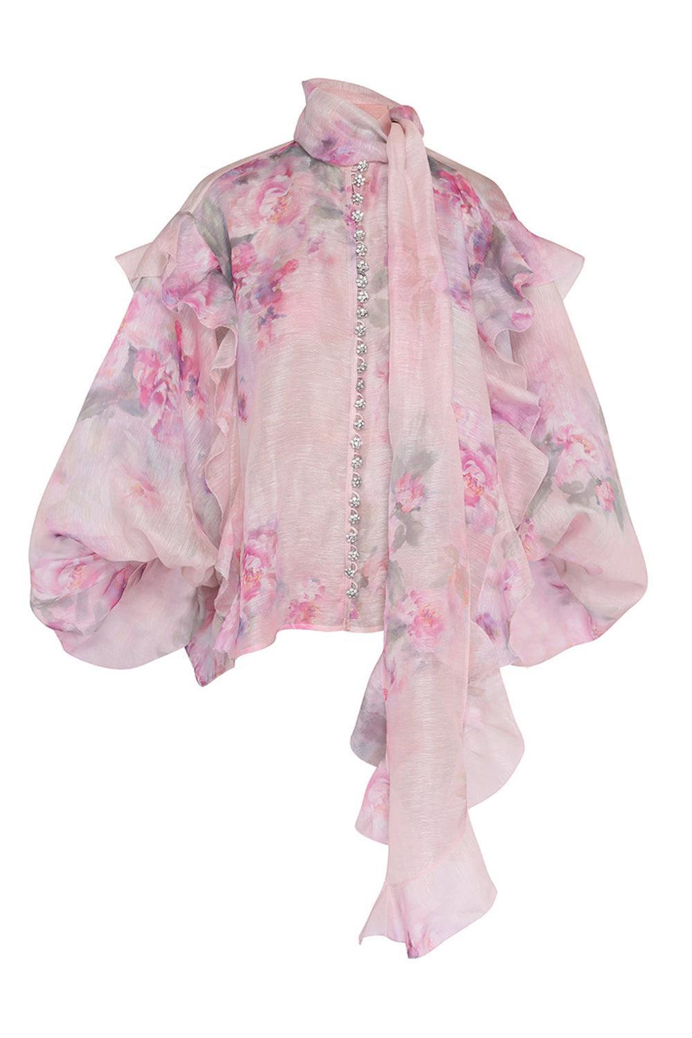 ZIMMERMANN-Crush Tie Neck Ruffle Blouse-