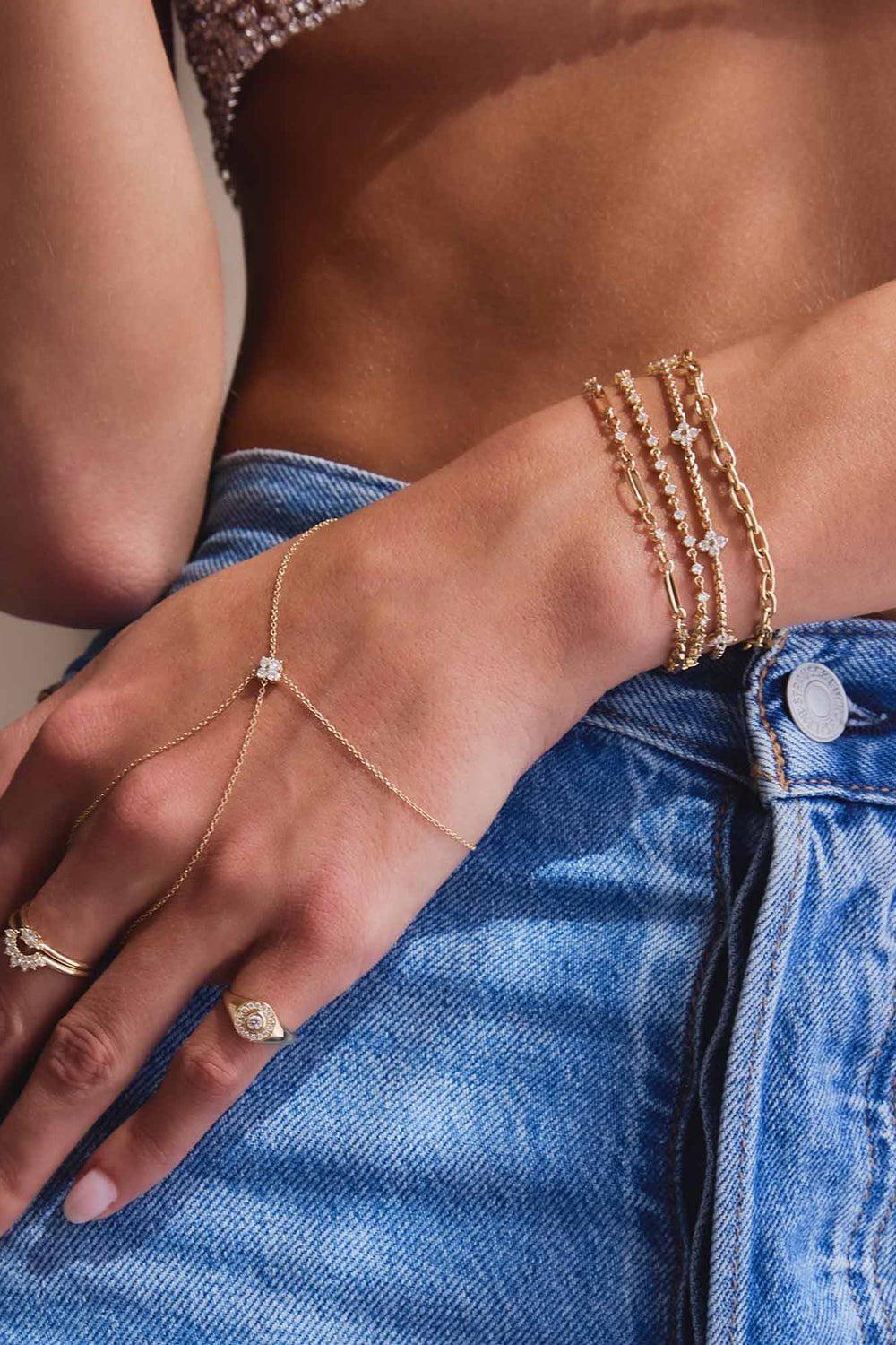 ZOE CHICCO-Five Prong Diamond Quad Station Box Chain Bracelet-YELLOW GOLD