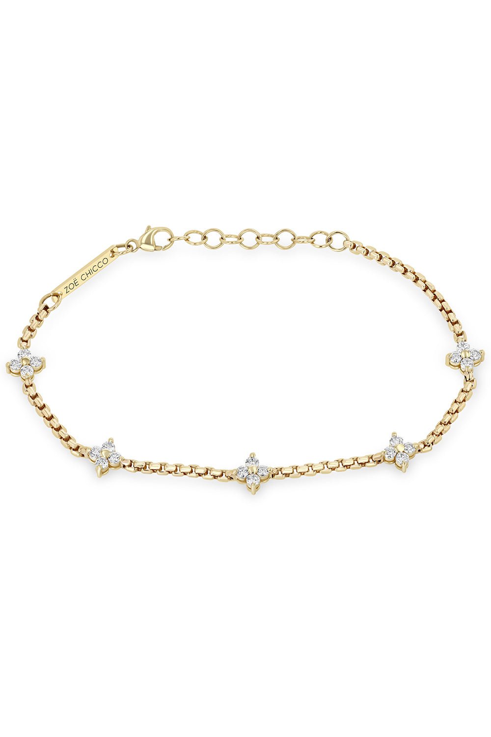 ZOE CHICCO-Five Prong Diamond Quad Station Box Chain Bracelet-YELLOW GOLD