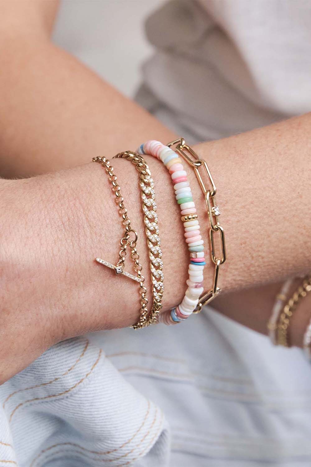 ZOE CHICCO-Light Tone Mixed Opal Bead Bracelet-YELLOW GOLD