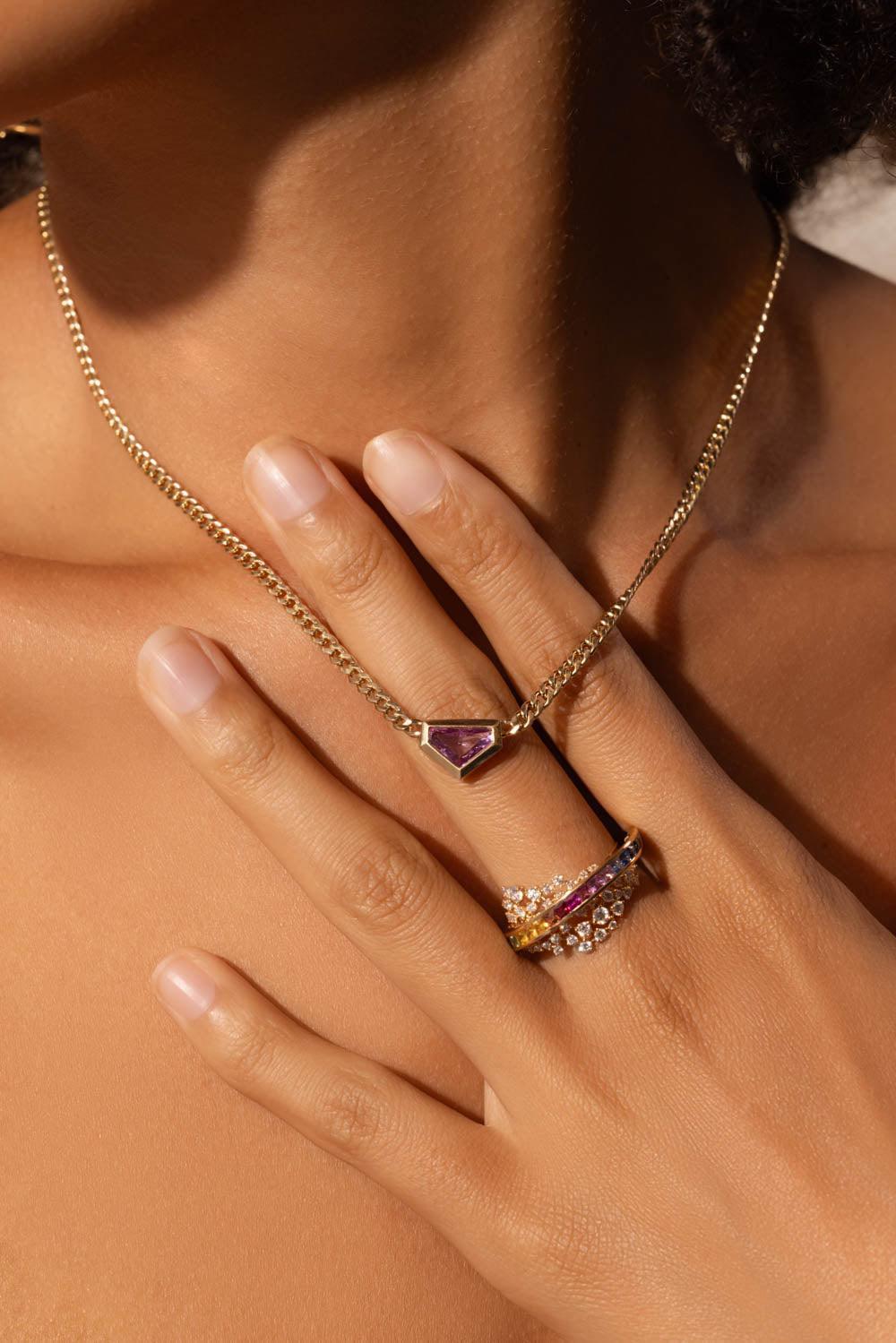ZOE CHICCO-Pink Sapphire Shield Necklace-YELLOW GOLD