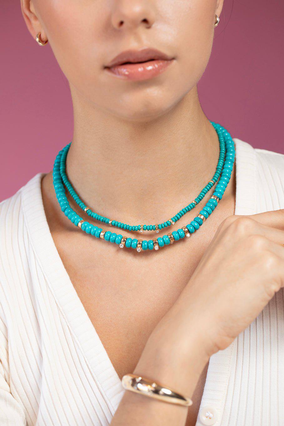 ZOE CHICCO-3 Prong Diamond Turquoise Rondelle Bead Necklace-YELLOW GOLD