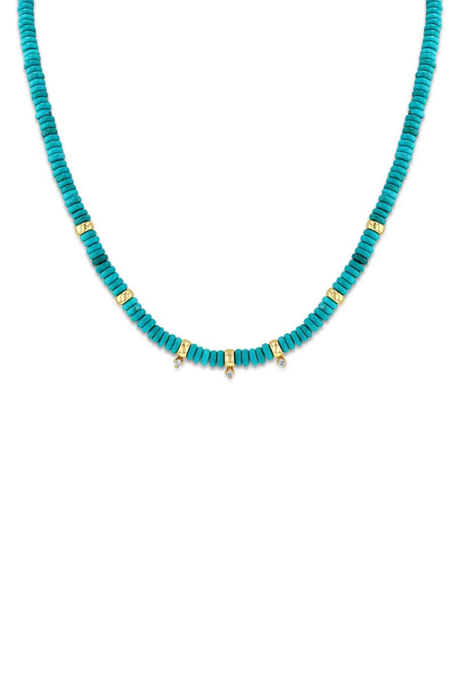ZOE CHICCO-3 Prong Diamond Turquoise Rondelle Bead Necklace-YELLOW GOLD