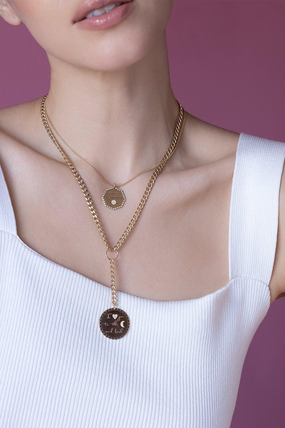 ZOE CHICCO-"I Love You To The Moon and Back" Mantra Curb Chain Lariat Necklace-YELLOW GOLD