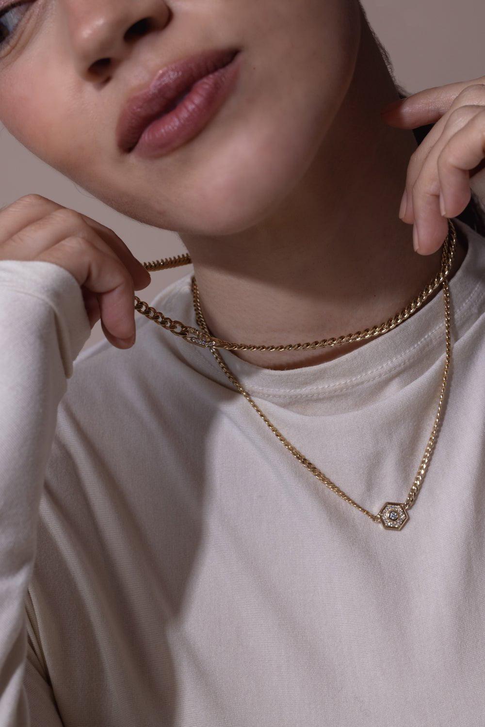 ZOE CHICCO-Medium Curb Chain Halo Necklace-YELLOW GOLD