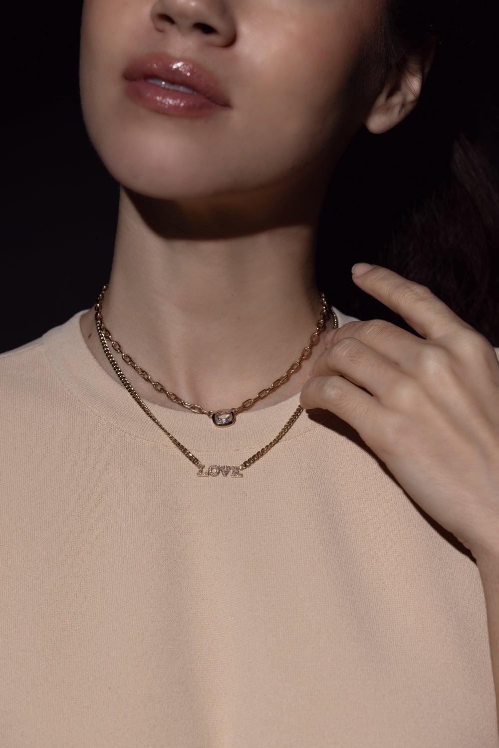 ZOE CHICCO-Small Curb Chain Love Necklace-YELLOW GOLD