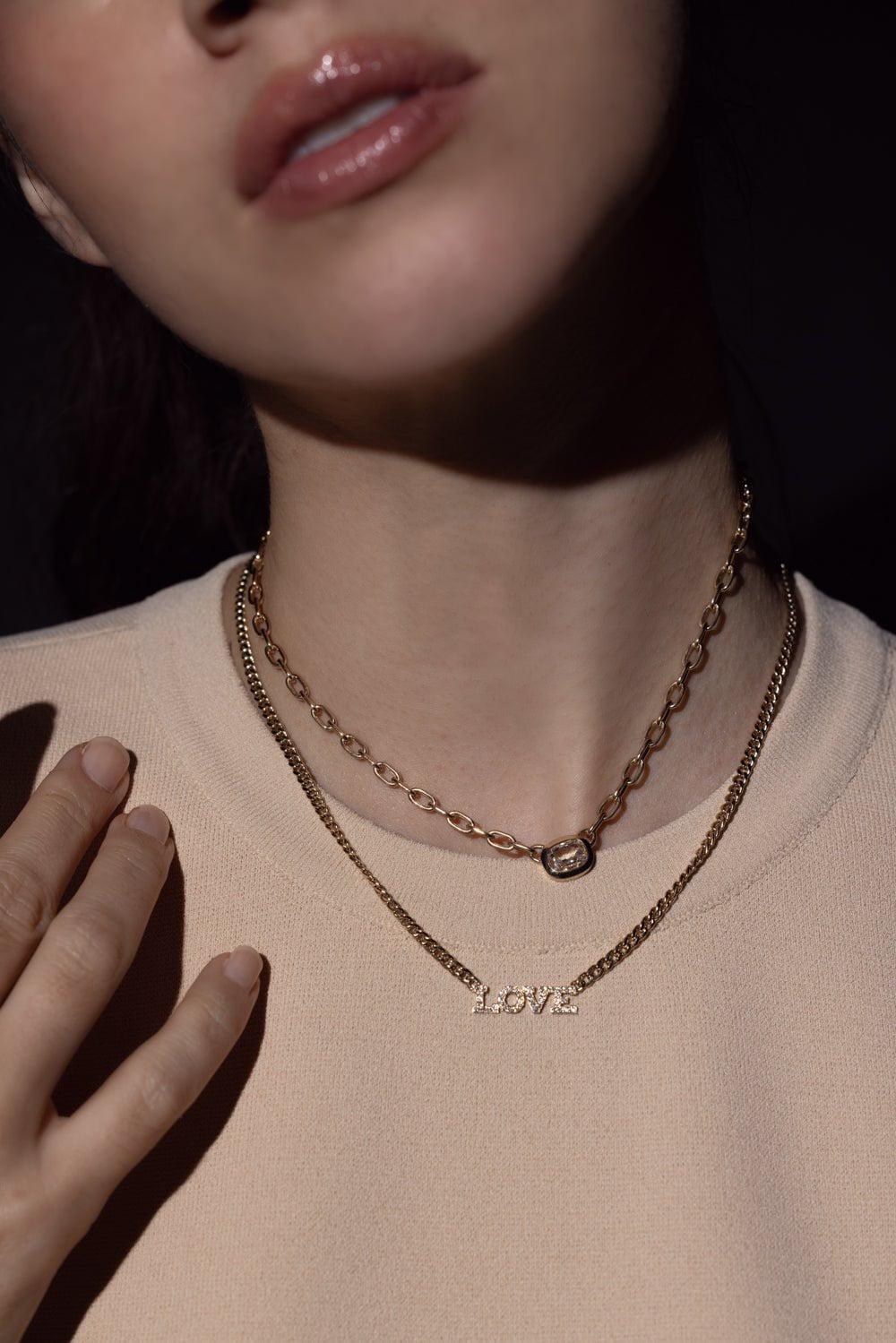 ZOE CHICCO-Small Curb Chain Love Necklace-YELLOW GOLD