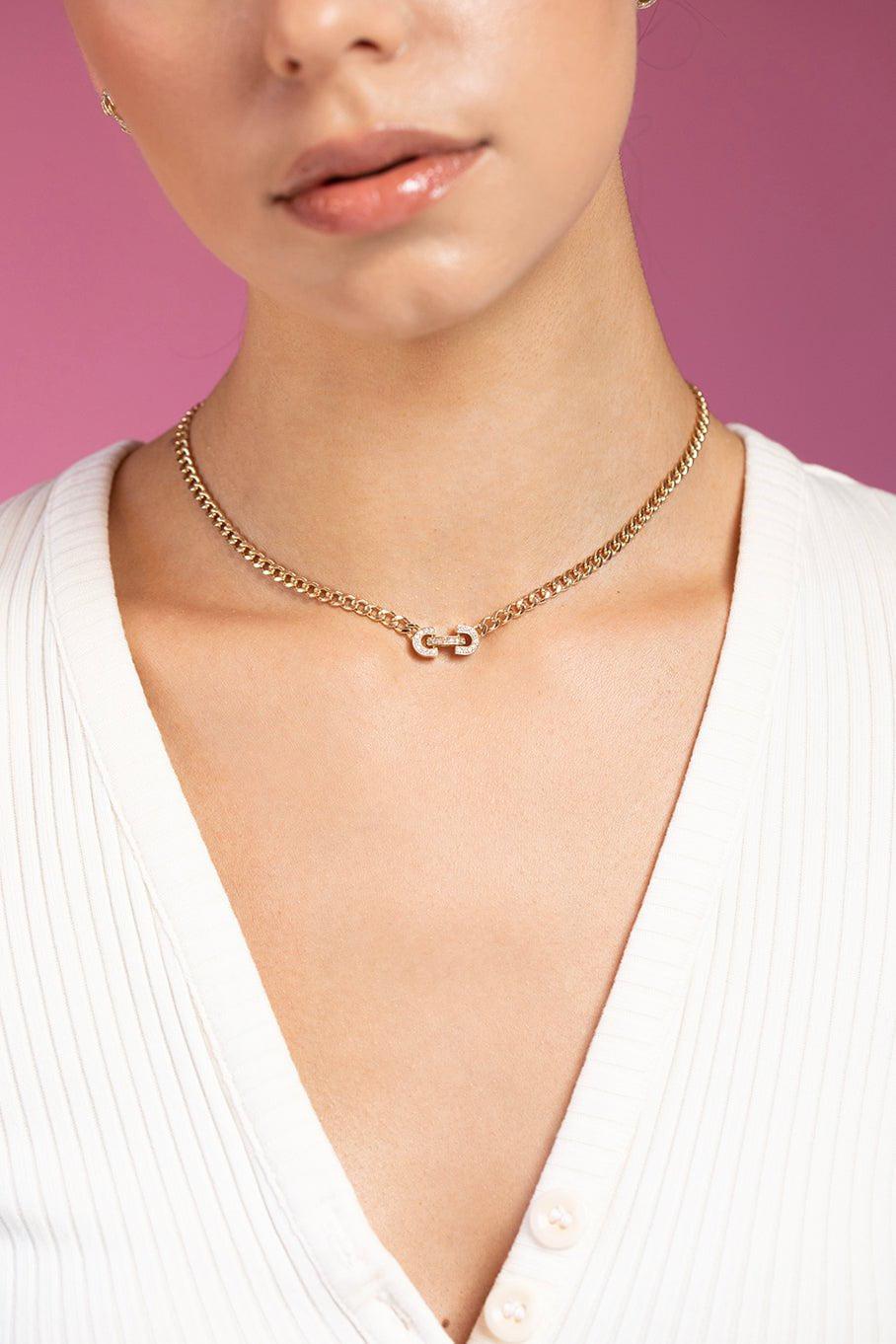 ZOE CHICCO-Vintage Pave Diamond Horsebit Link Curb Chain Necklace-YELLOW GOLD