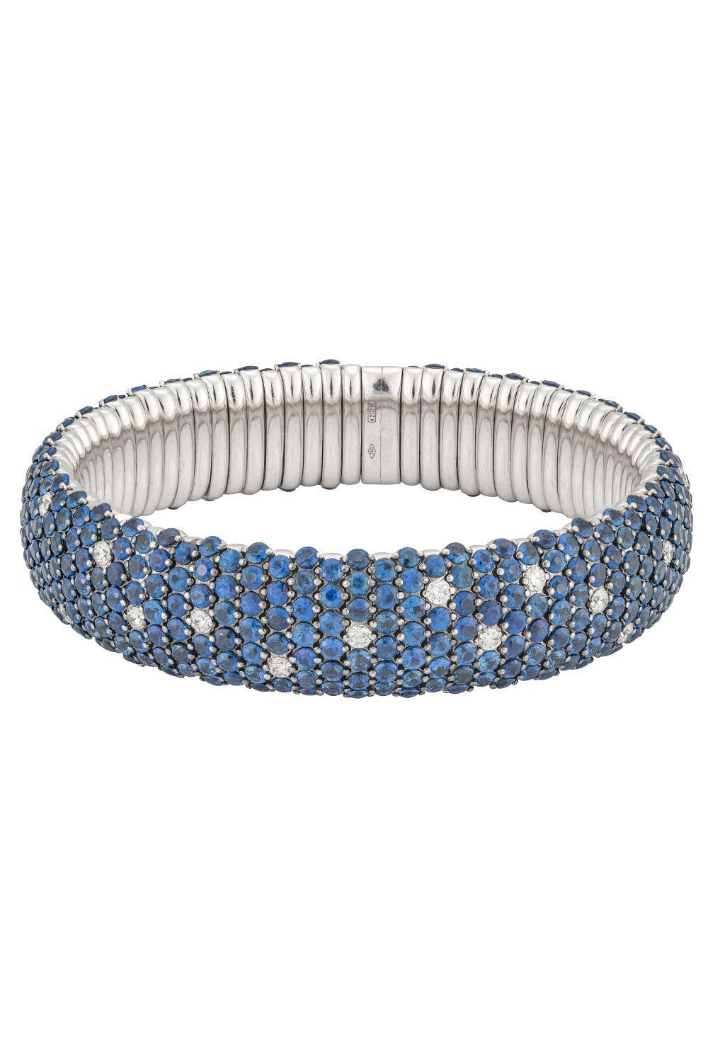 Blue Sapphire Diamond Domed Stretch Bracelet-WHITE GOLD-JEWELRYFINE JEWELBRACELET O-ZYDO